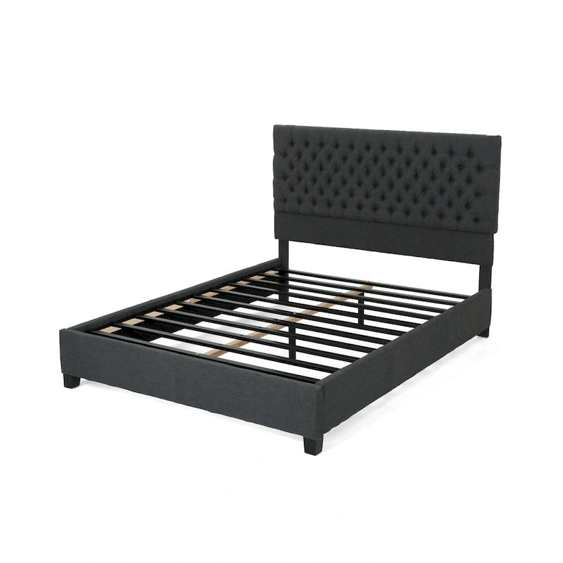 Queen Upholstered Tufted Bed with Padded Headboard and Solid Wood Frame