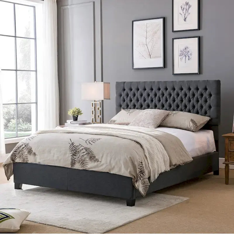 Queen Upholstered Tufted Bed with Padded Headboard and Solid Wood Frame