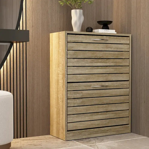 Schuhschrank für 6-12 Paar Schuhe mit zwei Schubladen, platzsparend, Grau/Eiche