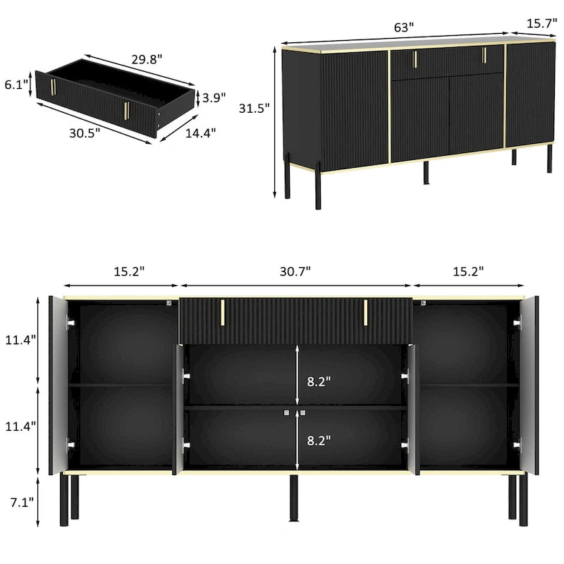4-Door Kitchen Sideboard with 2 Top Drawers and Accent Storage