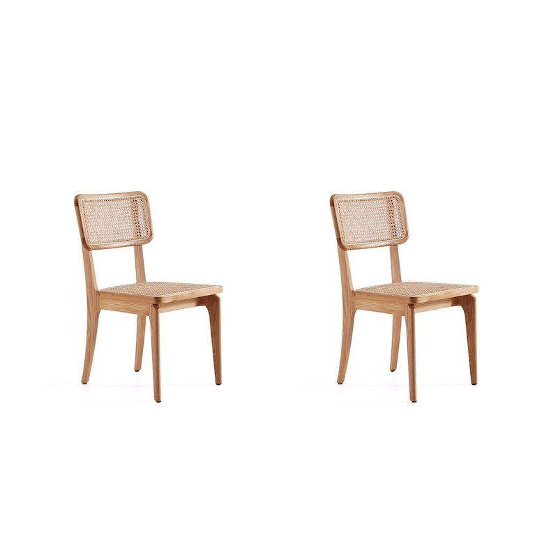 Modern Cane Dining Chair with Ash Wood Frame and Natural Rattan Seat, Pack of 2