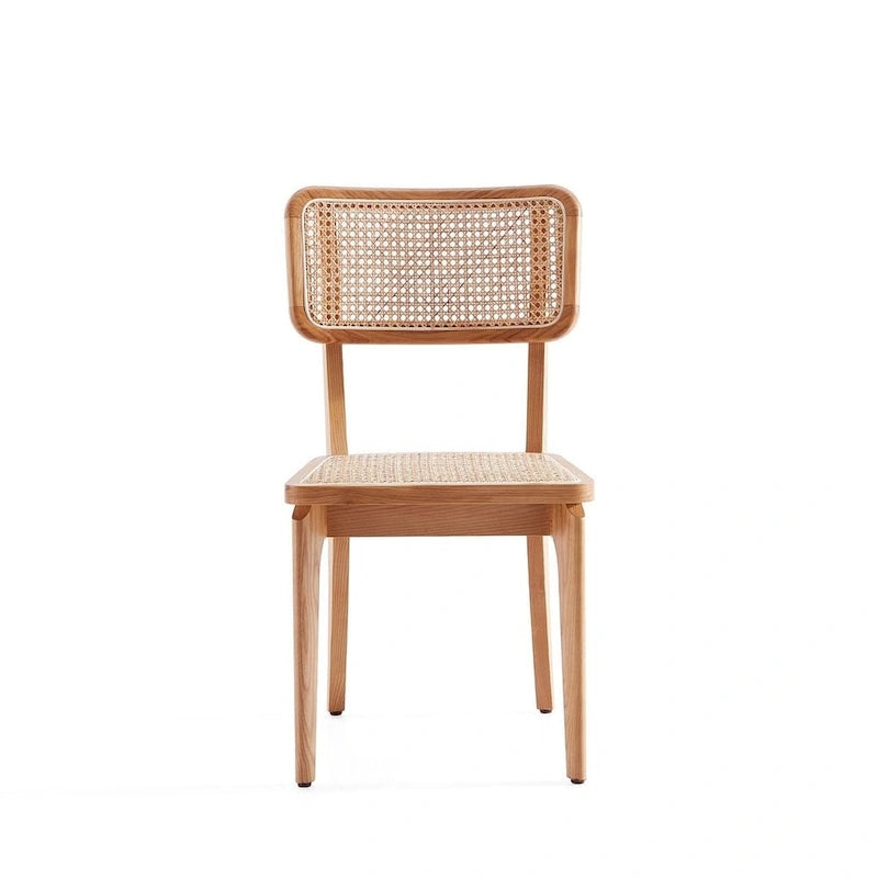 Modern Cane Dining Chair with Ash Wood Frame and Natural Rattan Seat, Pack of 2