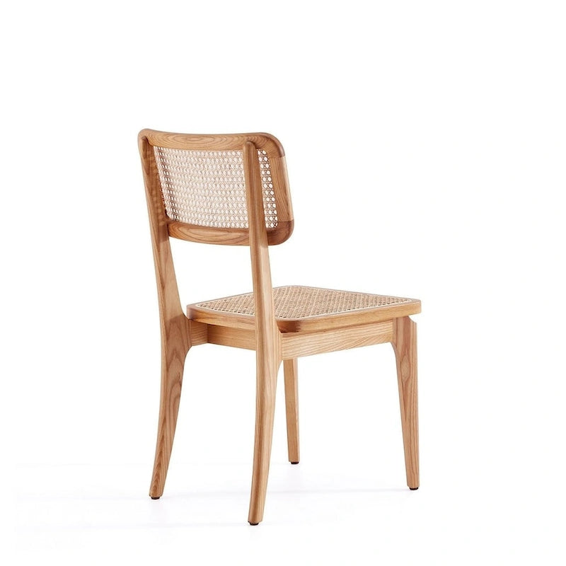 Modern Cane Dining Chair with Ash Wood Frame and Natural Rattan Seat, Pack of 2