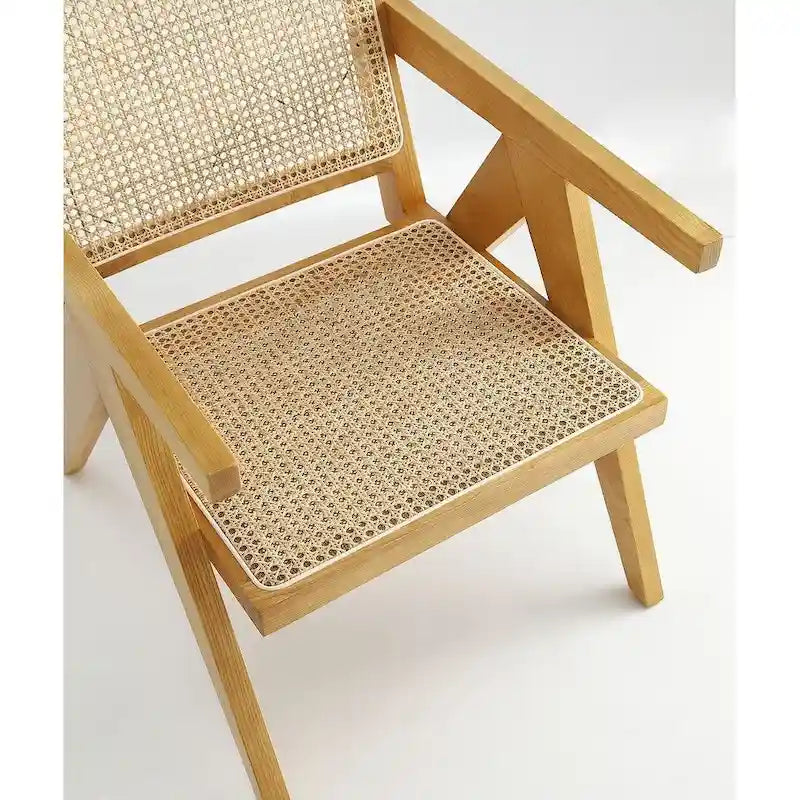 Modern Cane Dining Chair with Ash Wood Frame and Natural Rattan Seat, Pack of 2