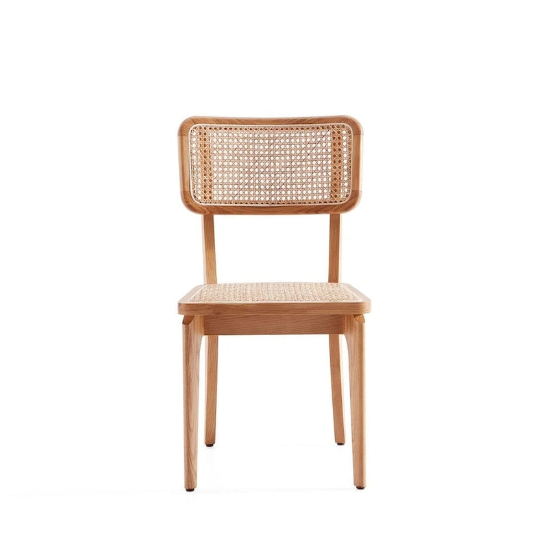 Modern Cane Dining Chair with Ash Wood Frame and Natural Rattan Seat, Pack of 2