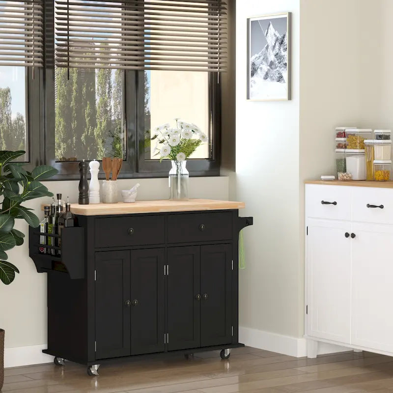 Rolling Kitchen Island Cart with Rubber Wood Top, Spice Rack, Towel Rack and Drawers