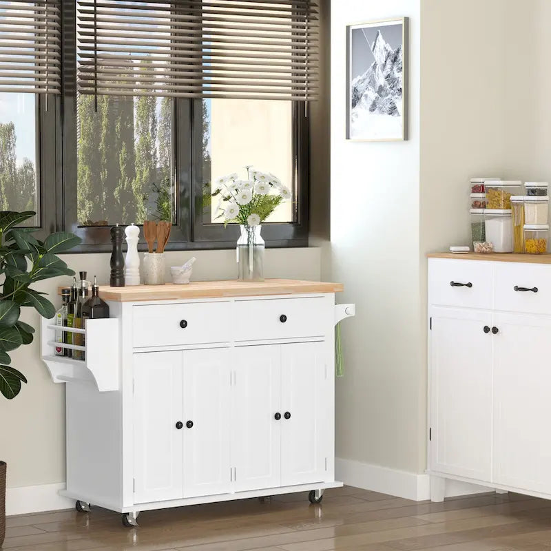 HOMCOM Rolling Kitchen Island Cart with Rubber Wood Top, Spice Rack, Towel Rack & Drawers for Dining Room