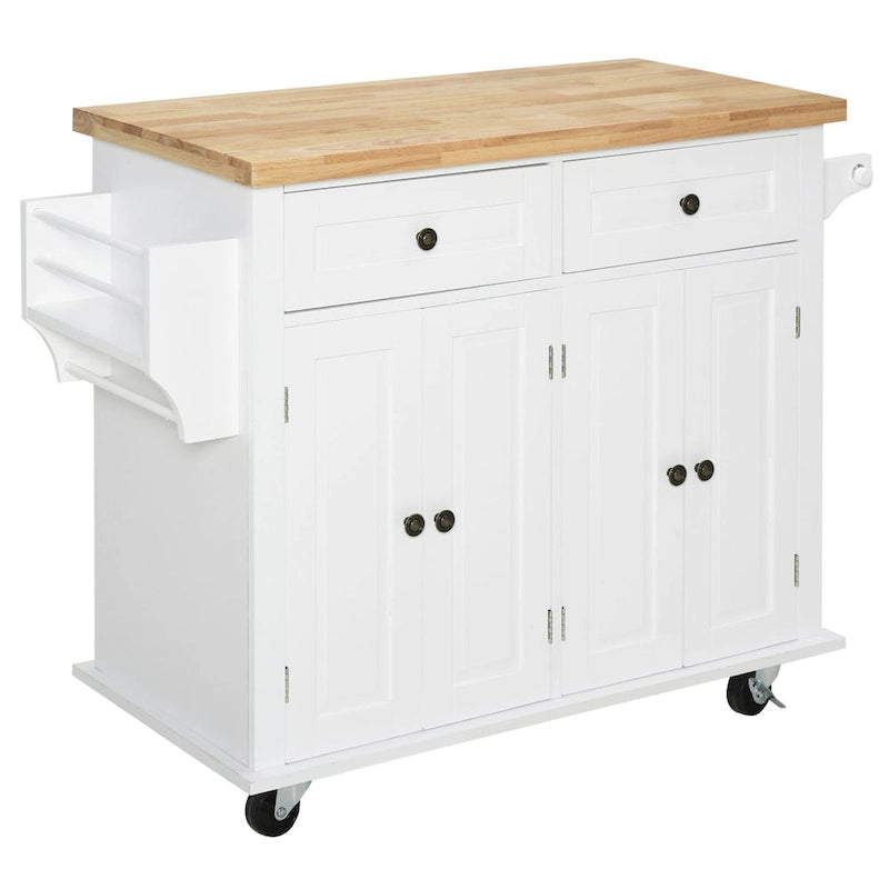 Rolling Kitchen Island Cart with Rubber Wood Top, Spice Rack, Towel Rack and Drawers