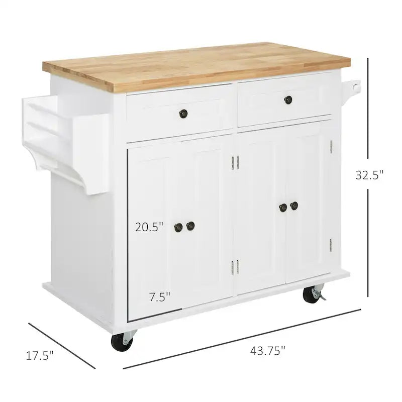 Rolling Kitchen Island Cart with Rubber Wood Top, Spice Rack, Towel Rack and Drawers