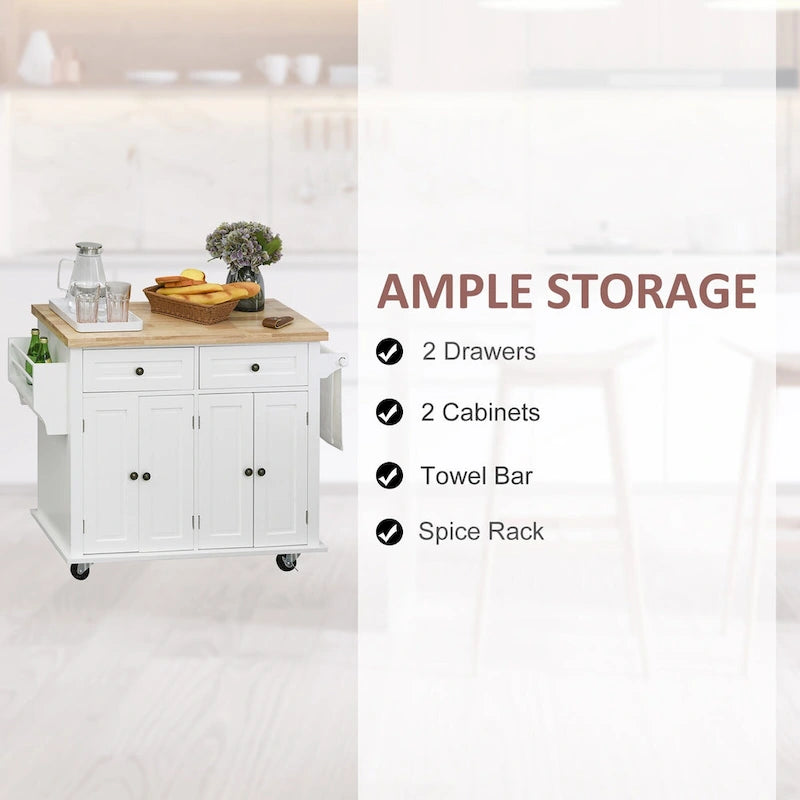 Rolling Kitchen Island Cart with Rubber Wood Top, Spice Rack, Towel Rack and Drawers