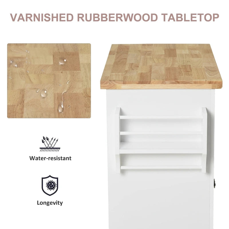 Rolling Kitchen Island Cart with Rubber Wood Top, Spice Rack, Towel Rack and Drawers