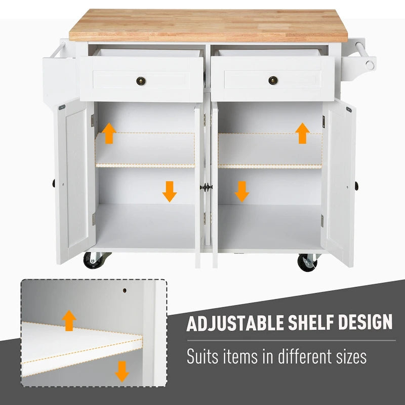 Rolling Kitchen Island Cart with Rubber Wood Top, Spice Rack, Towel Rack and Drawers