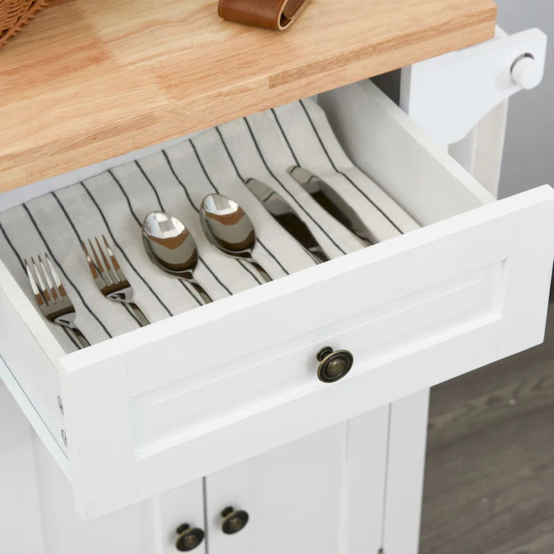 Rolling Kitchen Island Cart with Rubber Wood Top, Spice Rack, Towel Rack and Drawers