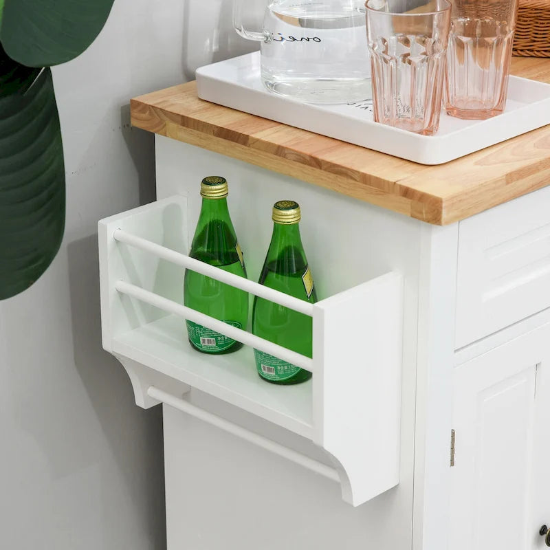 Rolling Kitchen Island Cart with Rubber Wood Top, Spice Rack, Towel Rack and Drawers