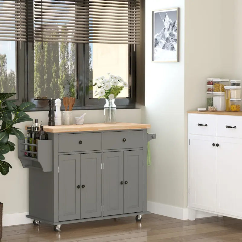 Rolling Kitchen Island Cart with Rubber Wood Top, Spice Rack, Towel Rack and Drawers
