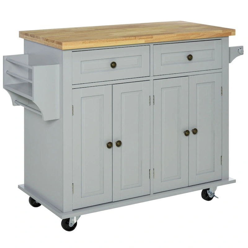 Rolling Kitchen Island Cart with Rubber Wood Top, Spice Rack, Towel Rack and Drawers