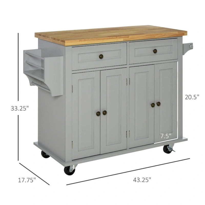 Rolling Kitchen Island Cart with Rubber Wood Top, Spice Rack, Towel Rack and Drawers