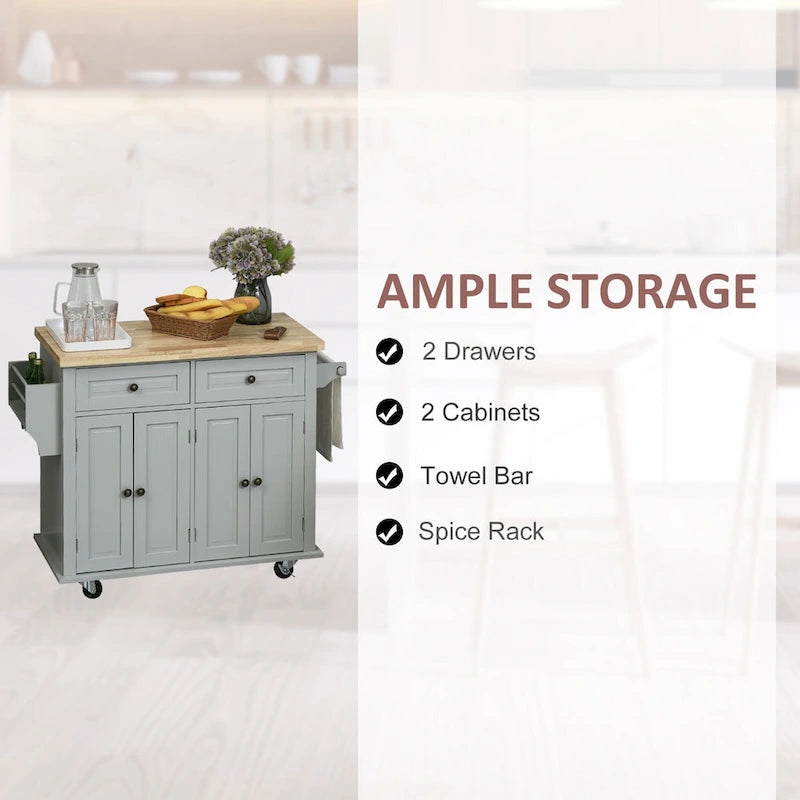 Rolling Kitchen Island Cart with Rubber Wood Top, Spice Rack, Towel Rack and Drawers