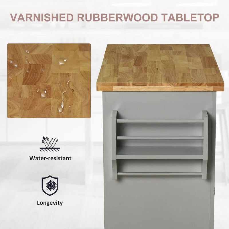 Rolling Kitchen Island Cart with Rubber Wood Top, Spice Rack, Towel Rack and Drawers