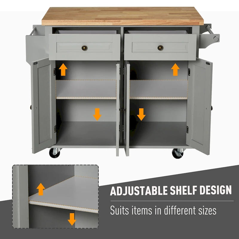 Rolling Kitchen Island Cart with Rubber Wood Top, Spice Rack, Towel Rack and Drawers