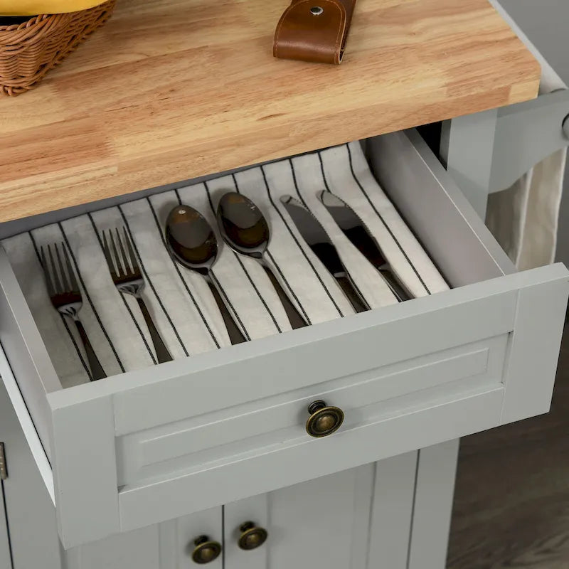 Rolling Kitchen Island Cart with Rubber Wood Top, Spice Rack, Towel Rack and Drawers