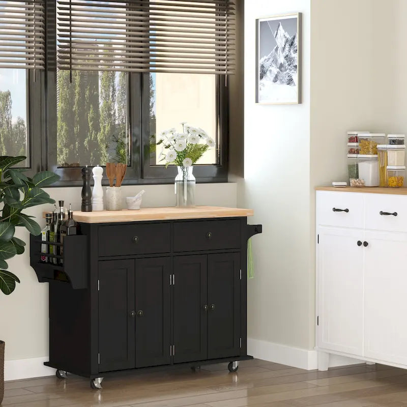 Rolling Kitchen Island Cart with Rubber Wood Top, Spice Rack, Towel Rack and Drawers