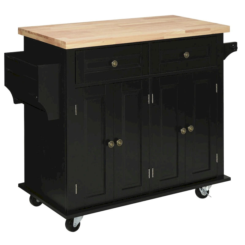 Rolling Kitchen Island Cart with Rubber Wood Top, Spice Rack, Towel Rack and Drawers