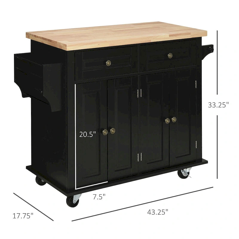 Rolling Kitchen Island Cart with Rubber Wood Top, Spice Rack, Towel Rack and Drawers