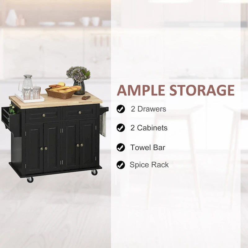 Rolling Kitchen Island Cart with Rubber Wood Top, Spice Rack, Towel Rack and Drawers
