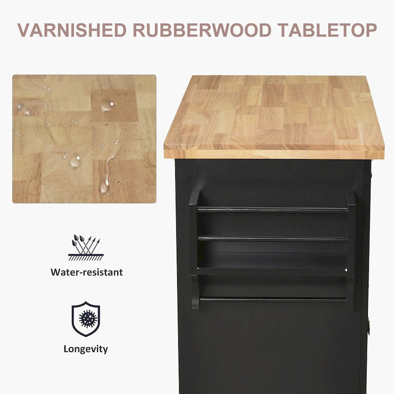 Rolling Kitchen Island Cart with Rubber Wood Top, Spice Rack, Towel Rack and Drawers