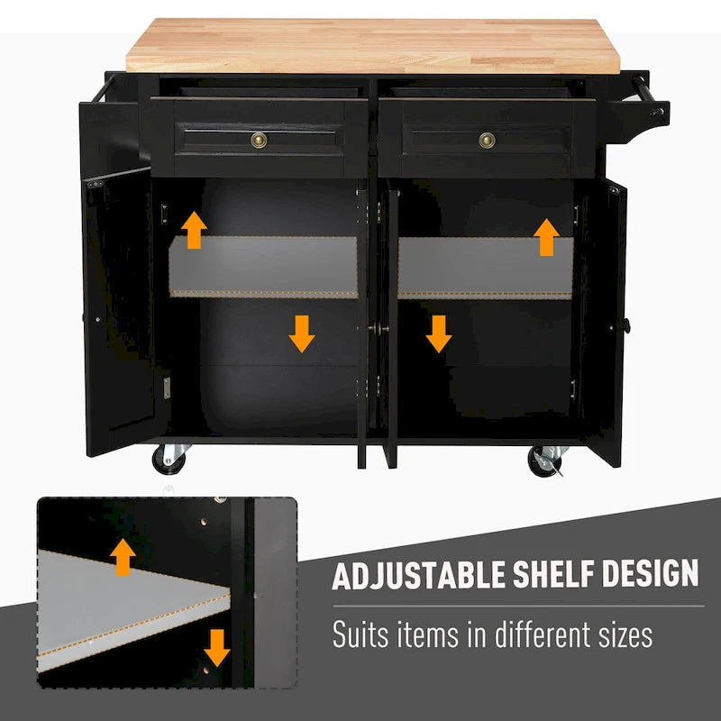Rolling Kitchen Island Cart with Rubber Wood Top, Spice Rack, Towel Rack and Drawers