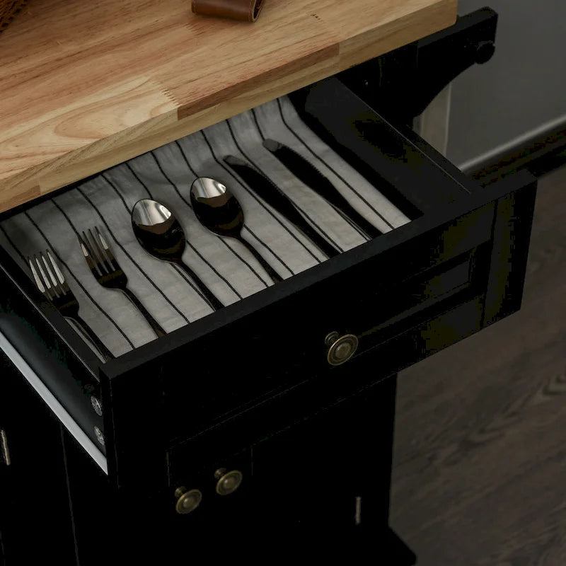 Rolling Kitchen Island Cart with Rubber Wood Top, Spice Rack, Towel Rack and Drawers