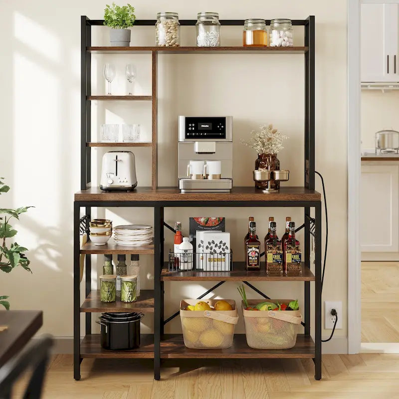 Kitchen Baker's Rack Utility Storage Shelf with Power Outlets and Microwave Oven Stand