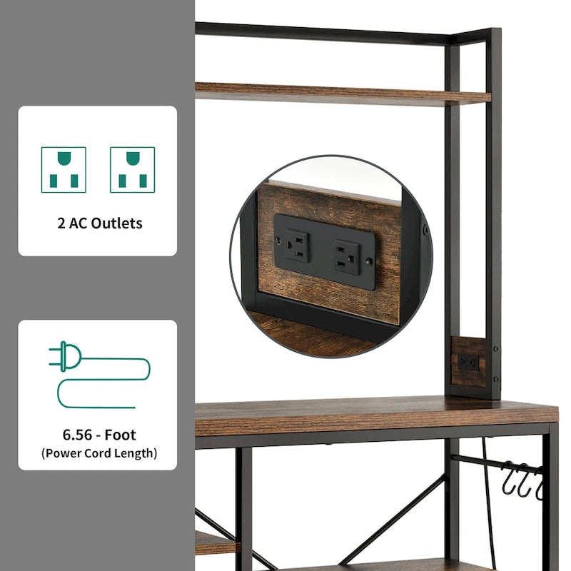 Kitchen Baker's Rack Utility Storage Shelf with Power Outlets and Microwave Oven Stand