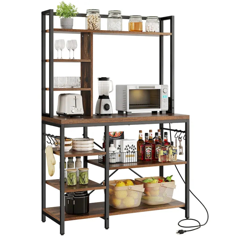Kitchen Baker's Rack Utility Storage Shelf with Power Outlets and Microwave Oven Stand