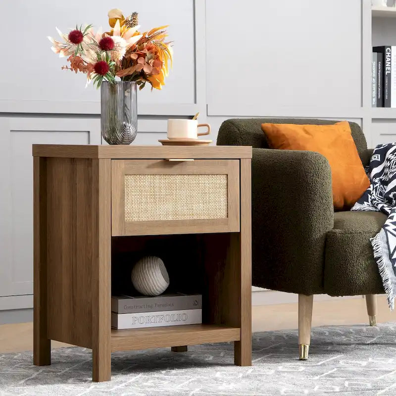 Farmhouse Rattan Nightstand with Drawer and Open Storage Shelf