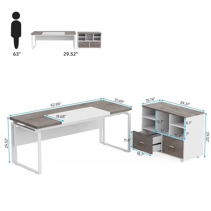 63 L-Shaped Computer Desk Executive Desks with Reversible File Cabinet and Storage Drawers for Home Office