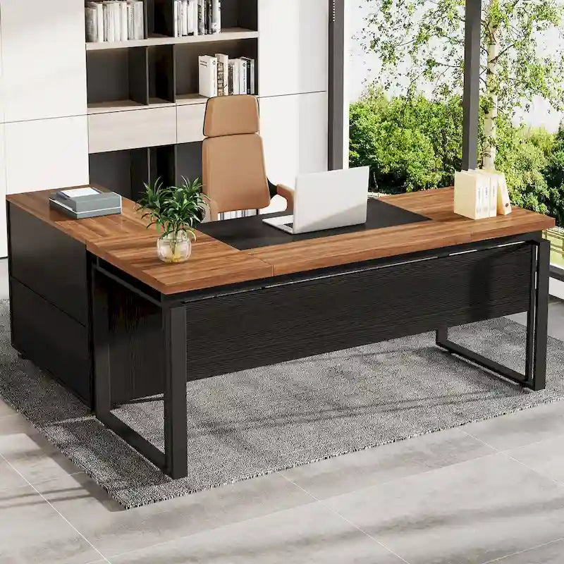 63 L-Shaped Computer Desk Executive Desks with Reversible File Cabinet and Storage Drawers for Home Office