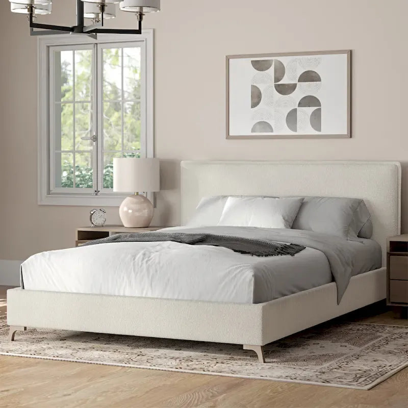 Cream Boucle Upholstered Queen Platform Bed Frame