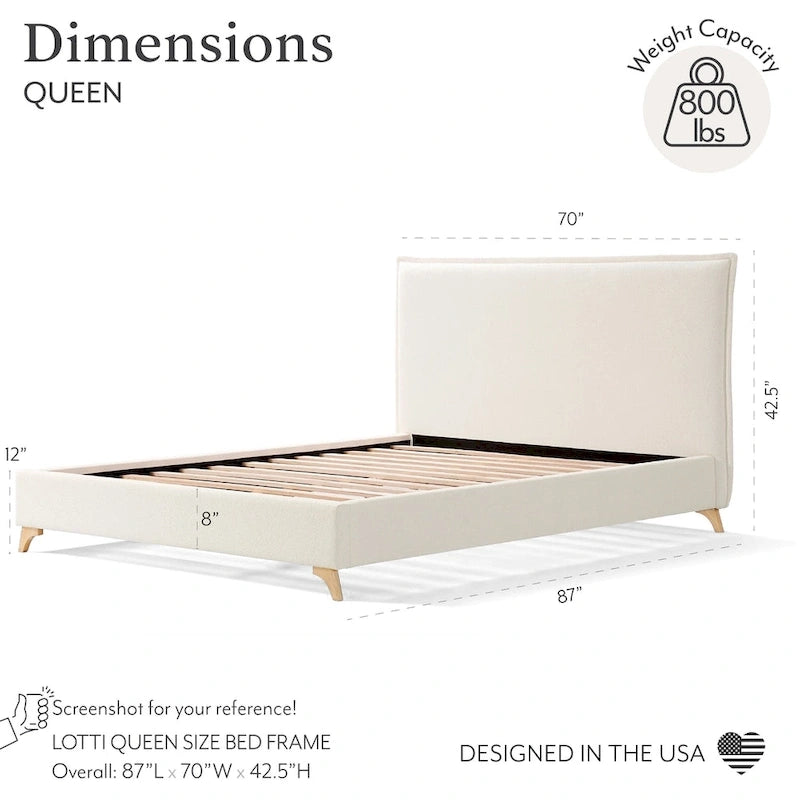 Cream Boucle Upholstered Queen Platform Bed Frame