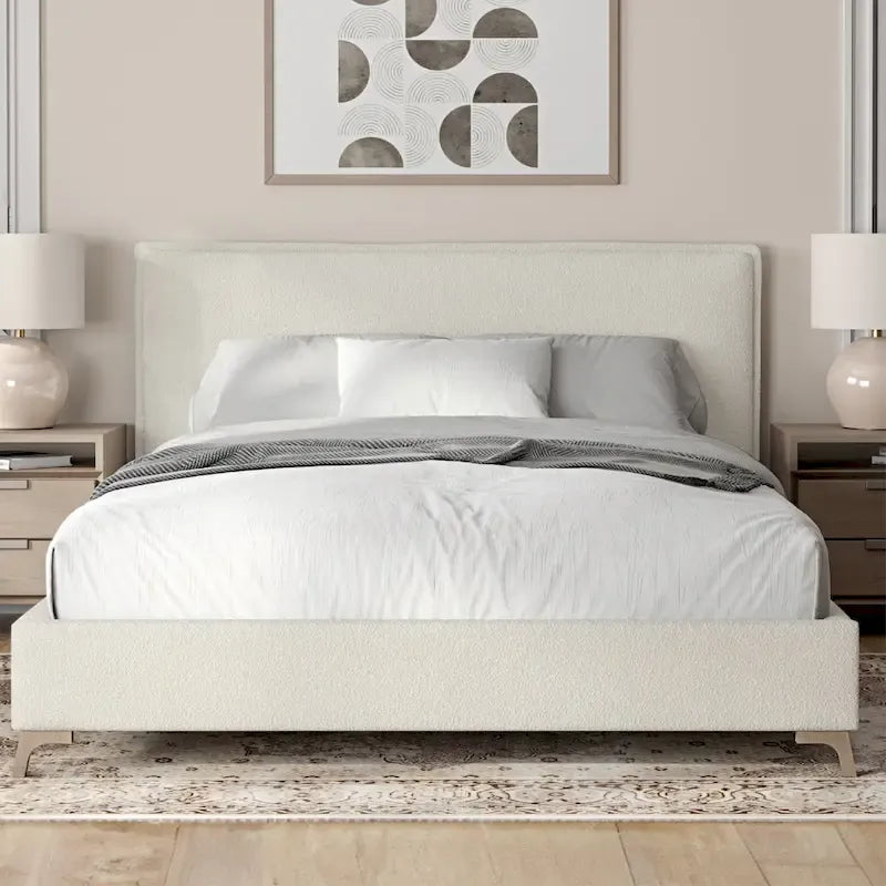 Cream Boucle Upholstered Queen Platform Bed Frame