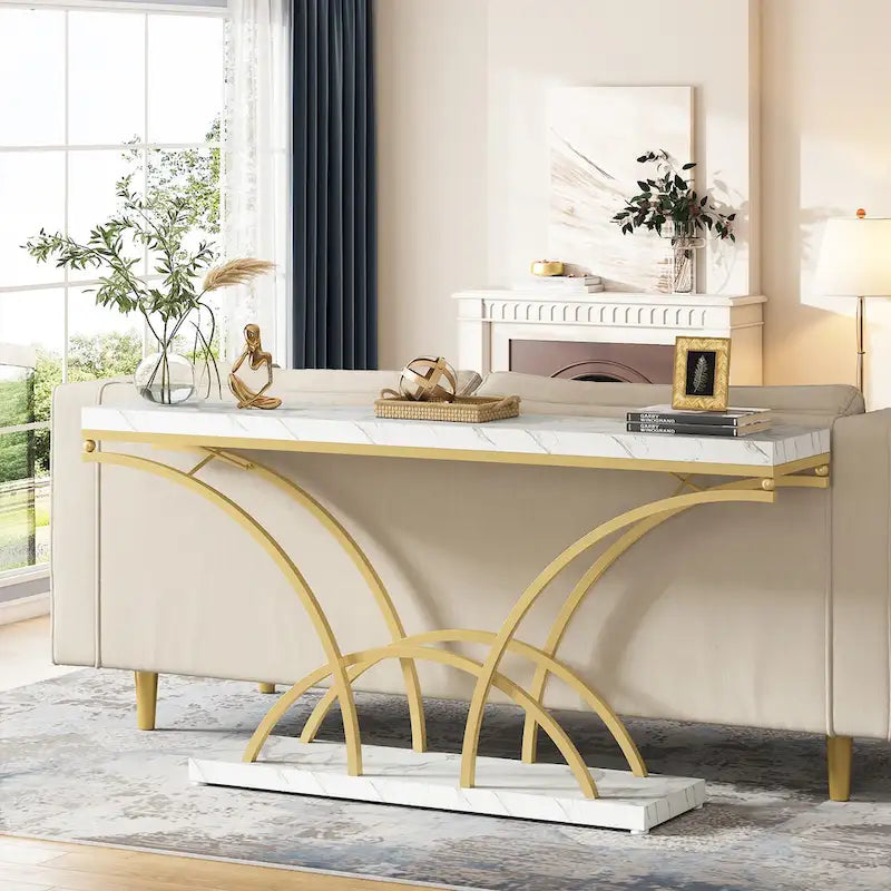 70.9 Inch Long Console Table Gold Sofa Table with White Faux Marble Tabletop for Entryway Living Room