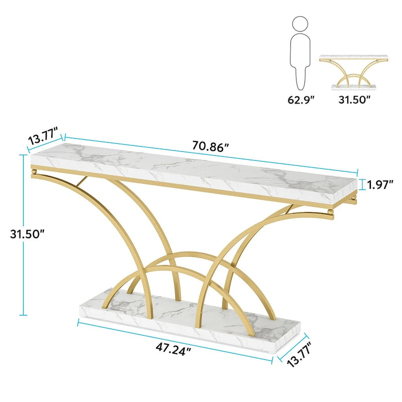 70.9 Inch Long Console Table Gold Sofa Table with White Faux Marble Tabletop for Entryway Living Room