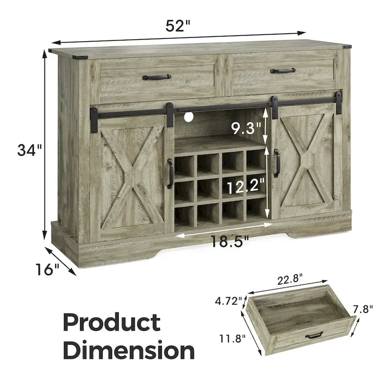 52-Inch Bar Cabinet with Wine Rack and Large Storage