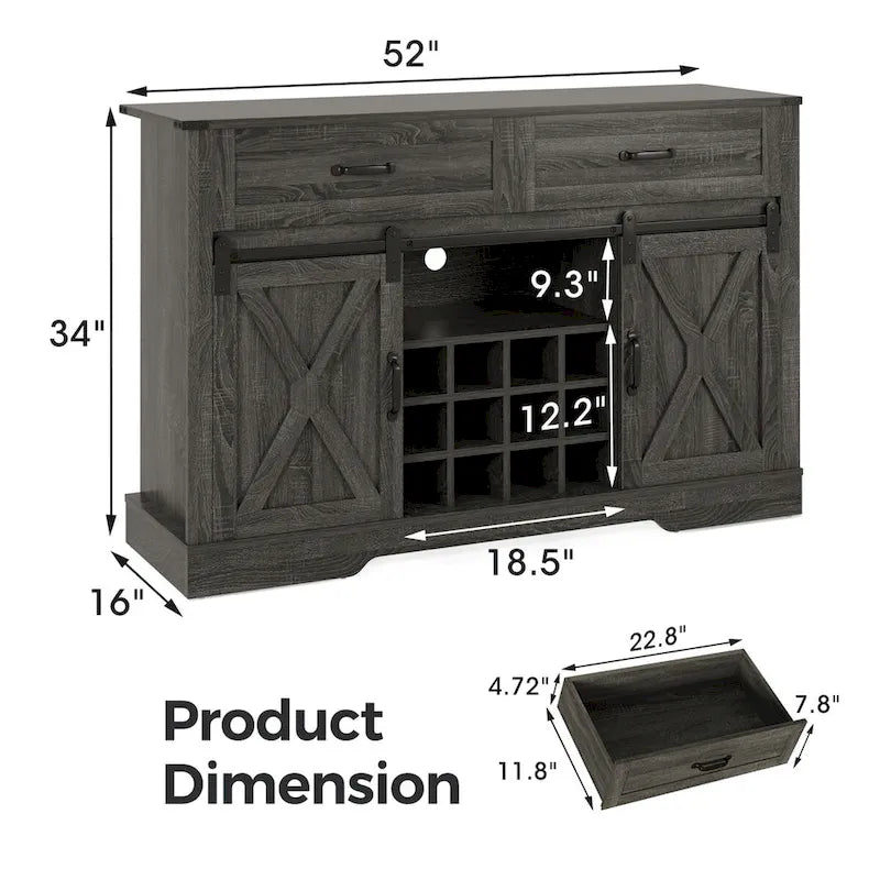 52-Inch Bar Cabinet with Wine Rack and Large Storage