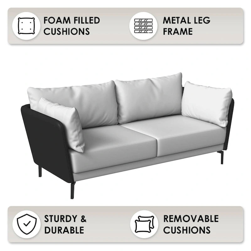 3-Seater Leather Sofa with Metal Legs and Removable Cushions