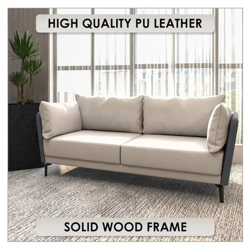 3-Seater Leather Sofa with Metal Legs and Removable Cushions