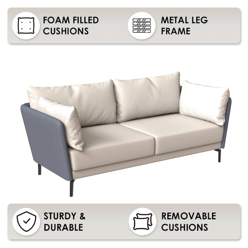 3-Seater Leather Sofa with Metal Legs and Removable Cushions