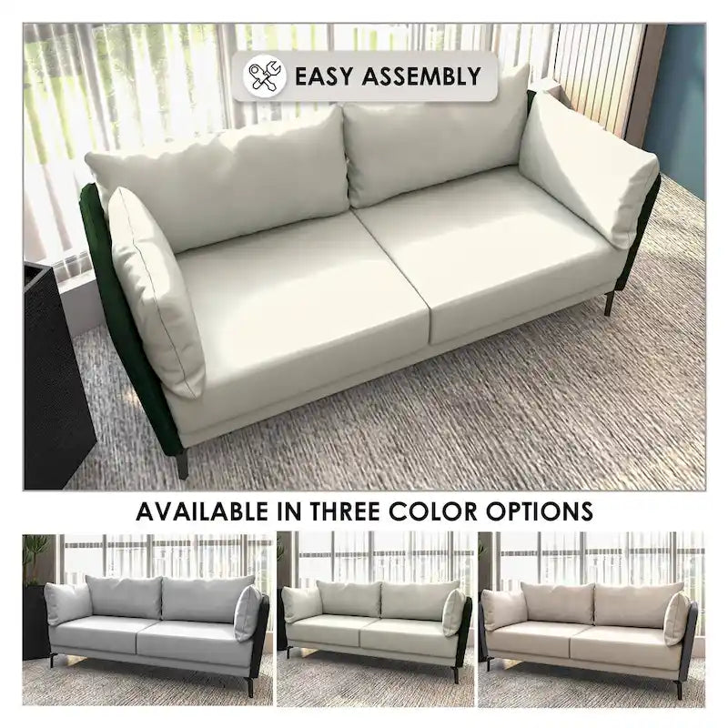 3-Seater Leather Sofa with Metal Legs and Removable Cushions