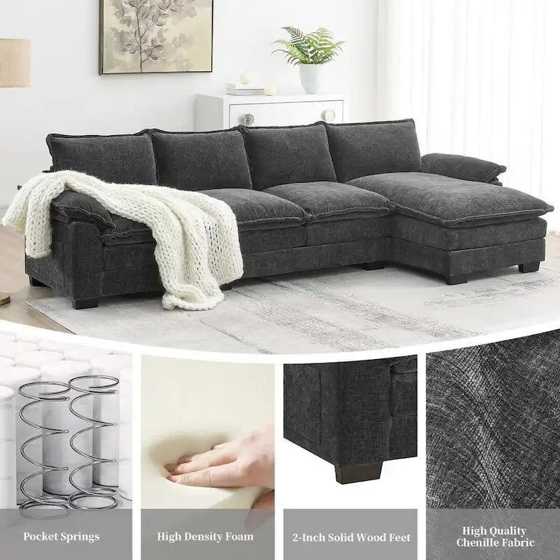 118*55 L-shaped Chenille Cloud Sofa with Double Seat Cushions, 5-seat Upholstered Sleeper Sofa Couch with Chaise Lounge